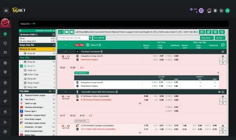 Giao diện đặt cược kèo bóng rổ V9Bet