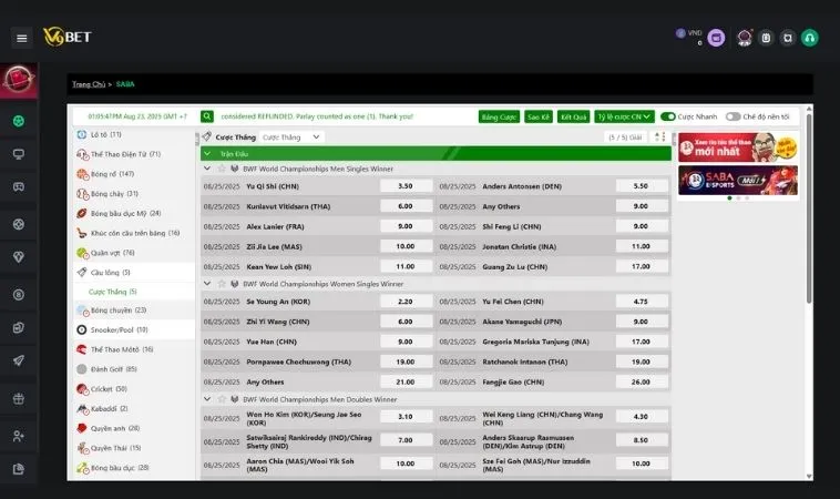 Bảng kèo cá cược cầu lông V9Bet