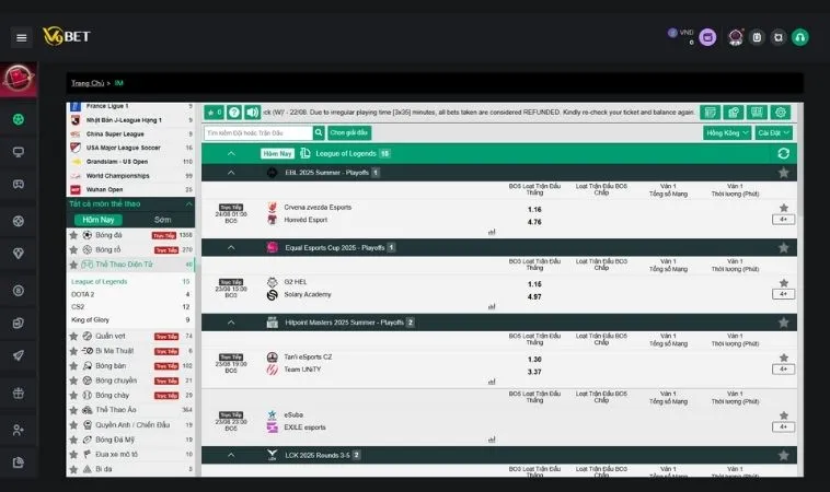 Bảng kèo cá cược thể thao điện tử V9Bet