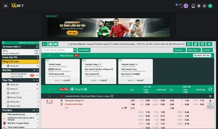 Giao diện đặt cược kèo thể thao tại V9BET