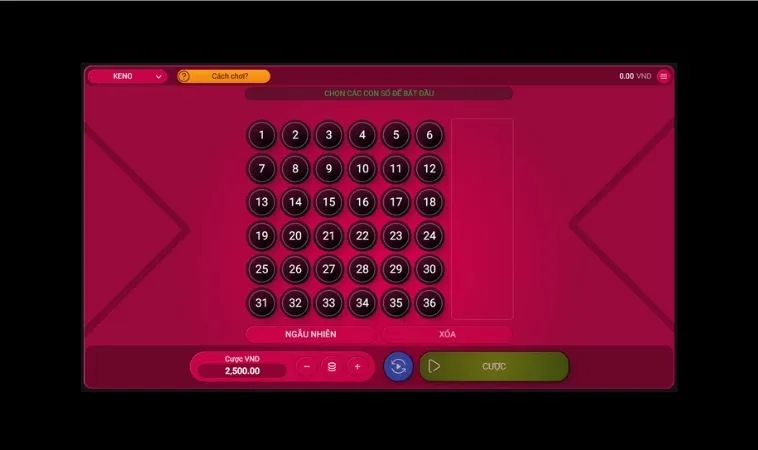 Giao diện chơi game nhanh Keno tại V9Bet